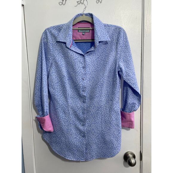 Hawes & Curtis Shirt UK 10 US 6 Blue Floral Pink Flip Cuff Preppy Country Club - Picture 1 of 7